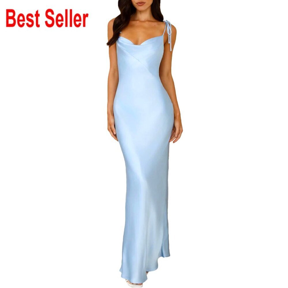 Satin Cowl Neck Maxi Dress with Slit, Spaghetti Straps, Formal Wedding Guest